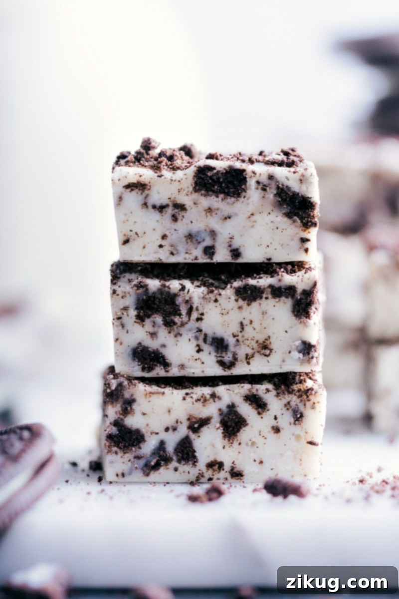 The best ever Oreo Fudge Stack A beautiful stack of three pieces of creamy Oreo Fudge, ready to be enjoyed.
