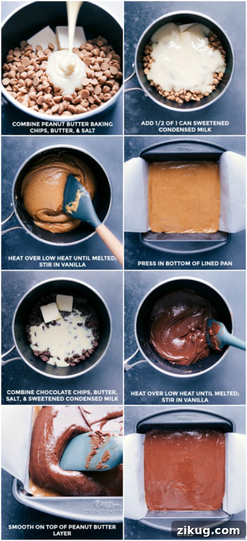 Visual guide to making layered peanut butter chocolate fudge on the stovetop. Step-by-step images showing the preparation of Reese's Fudge: melting peanut butter ingredients, spreading the first layer, melting chocolate ingredients, and layering the chocolate on top.