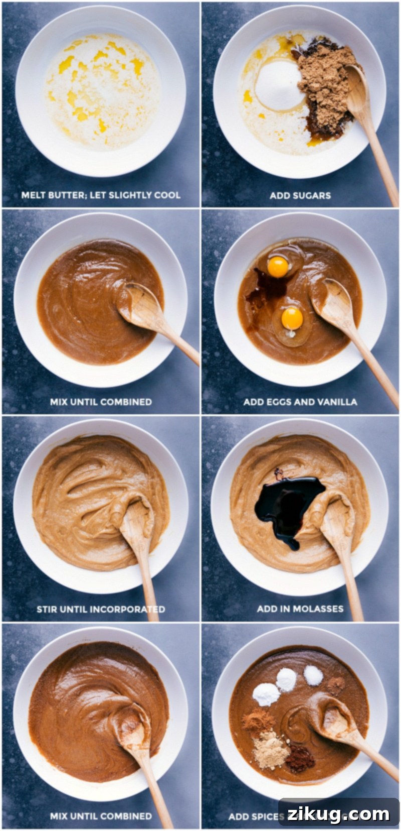 Detailed process shots showcasing the step-by-step preparation of Gingersnap Cookies, starting with combining all the essential ingredients.