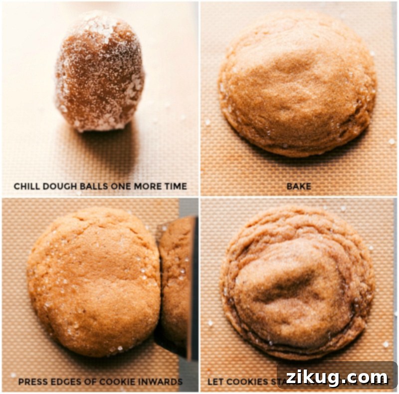 Process images detailing the final stages of making Gingersnaps: chilling sugar-coated dough balls, baking them until perfectly golden, pressing edges inward for crispness, and letting them cool on the cookie sheet.