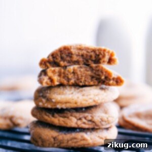 A top-down view of freshly baked chewy gingersnap cookies on a cooling rack.