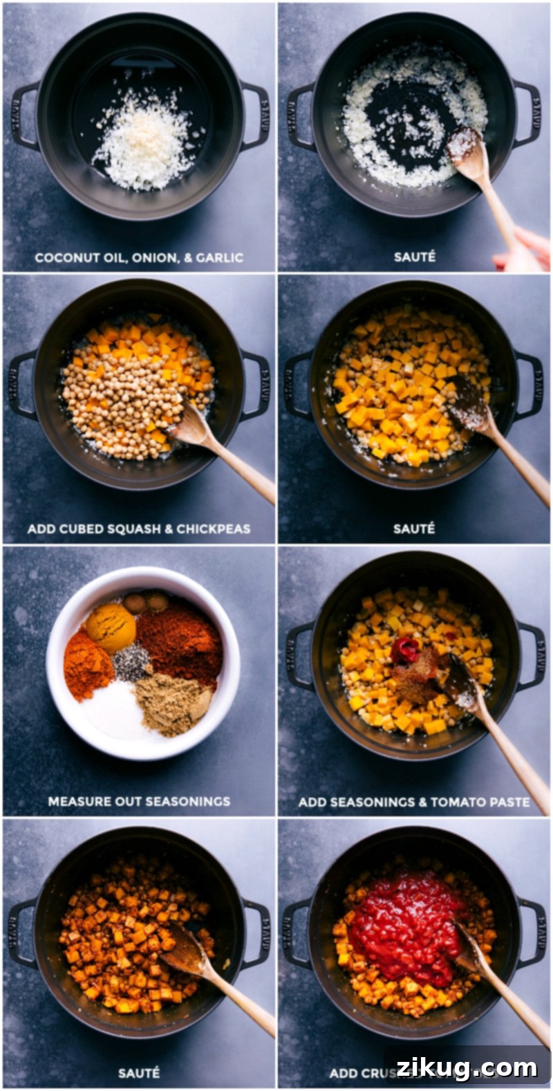 Step-by-step process of making Moroccan Stew: Sautéing onions in oil, adding squash and chickpeas, measuring and adding spices and tomato paste, then crushed tomatoes.