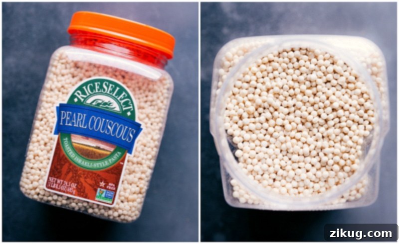 A bowl of pearl couscous, also known as Israeli couscous, a key ingredient for this Moroccan Stew.