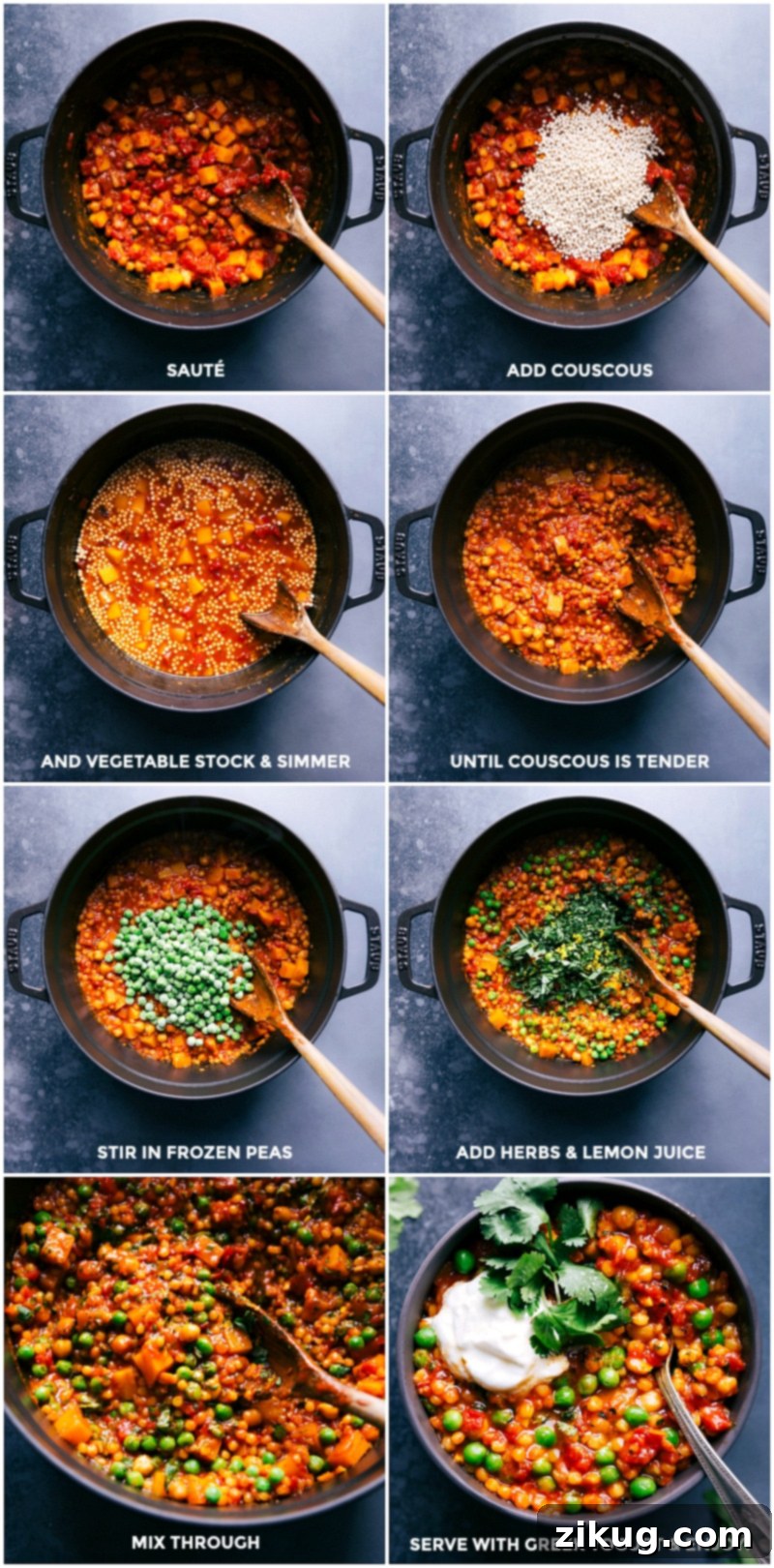 The final steps of making Moroccan Stew: Adding couscous, simmering with stock, stirring in peas, fresh herbs, and lemon juice before serving.