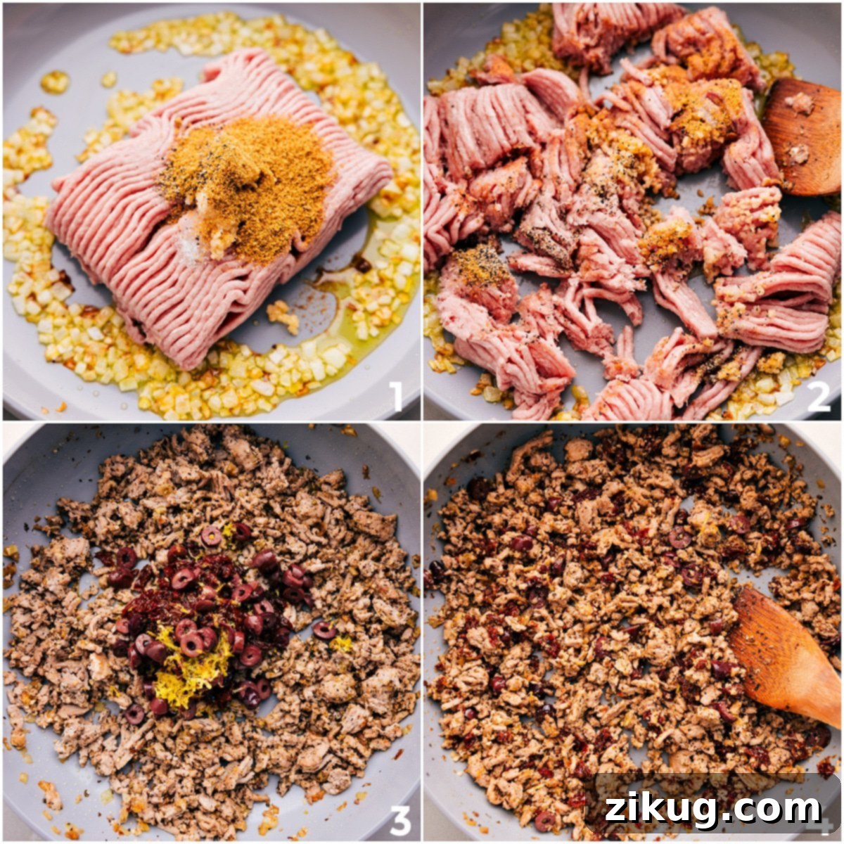 Brown Ground Turkey and Add Greek Flavorings Add ground turkey to a skillet with sautéed onions and garlic, brown until cooked through, then mix in oregano, basil, onion powder, garlic powder, thyme, beef bouillon powder, lemon zest, lemon juice, olives, and sun-dried tomatoes.
