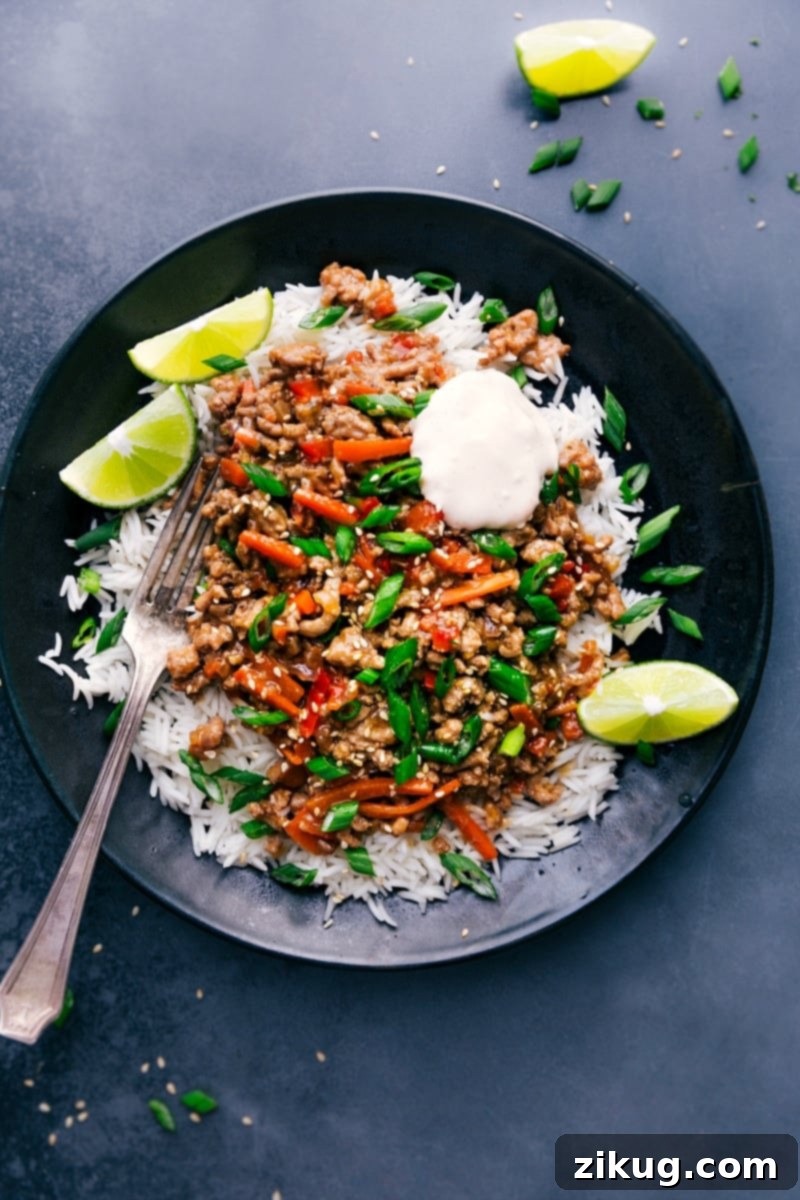 Flavorful Asian Ground Turkey Bowls: A Healthy, Quick, and Kid-Friendly Dinner Option Packed with 'Hidden' Veggies and No Added Sugar. Recipe inspired by ChelseasMessyApron.com #turkeybowl #asian #groundturkey #ricebowl #healthyrecipes #quickdinner Overhead view of Asian Ground Turkey bowls with rice, garnished with fresh herbs and sesame seeds.