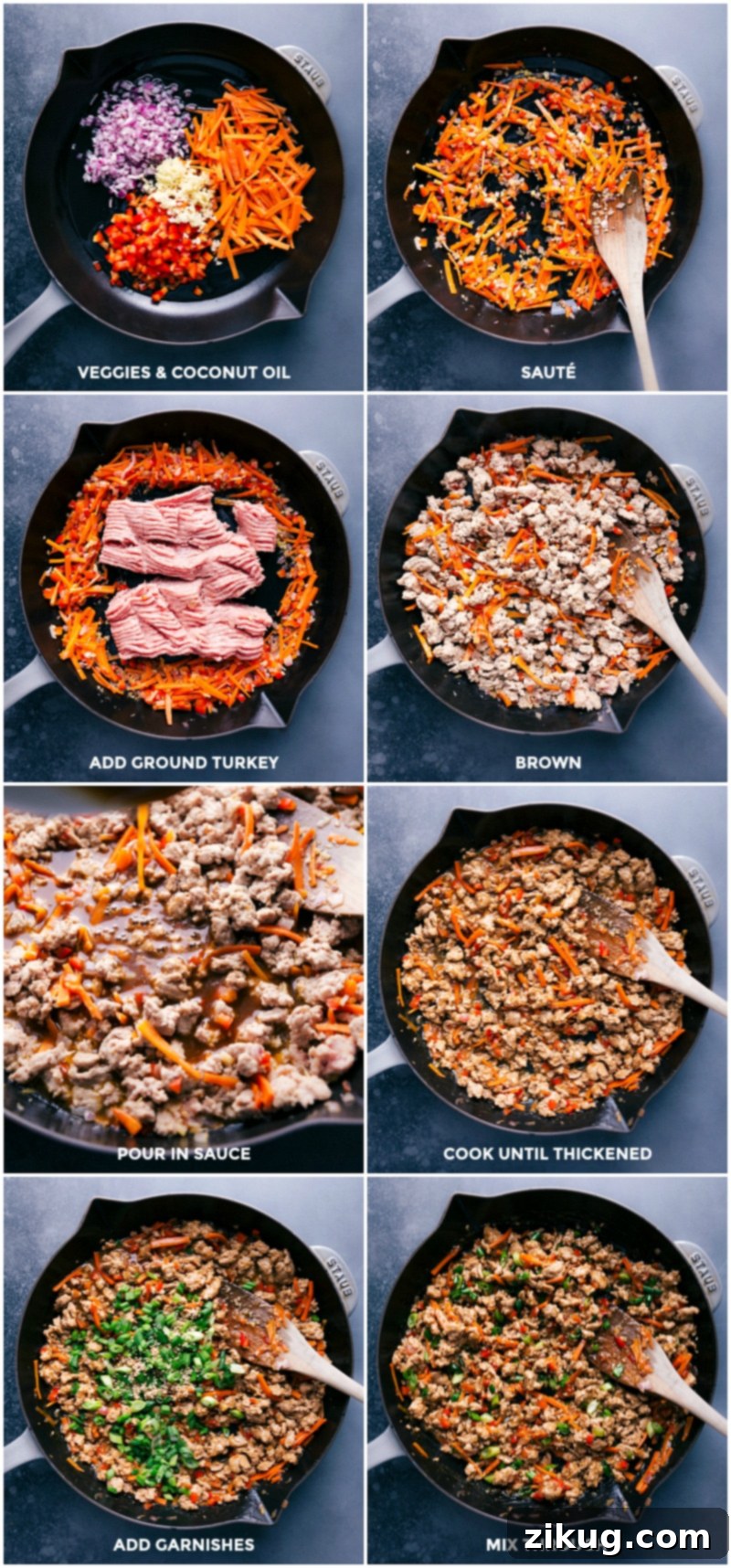 These Asian Ground Turkey bowls are ridiculously flavorful and loaded with texture without loads of sugar! They're kid friendly and ready in 30 minutes or less! Recipe inspired by ChelseasMessyApron.com #turkeybowl #asian #groundturkey #ricebowl #healthy Process shots for making Asian Ground Turkey: cooking the colorful vegetables and lean turkey in a pan.