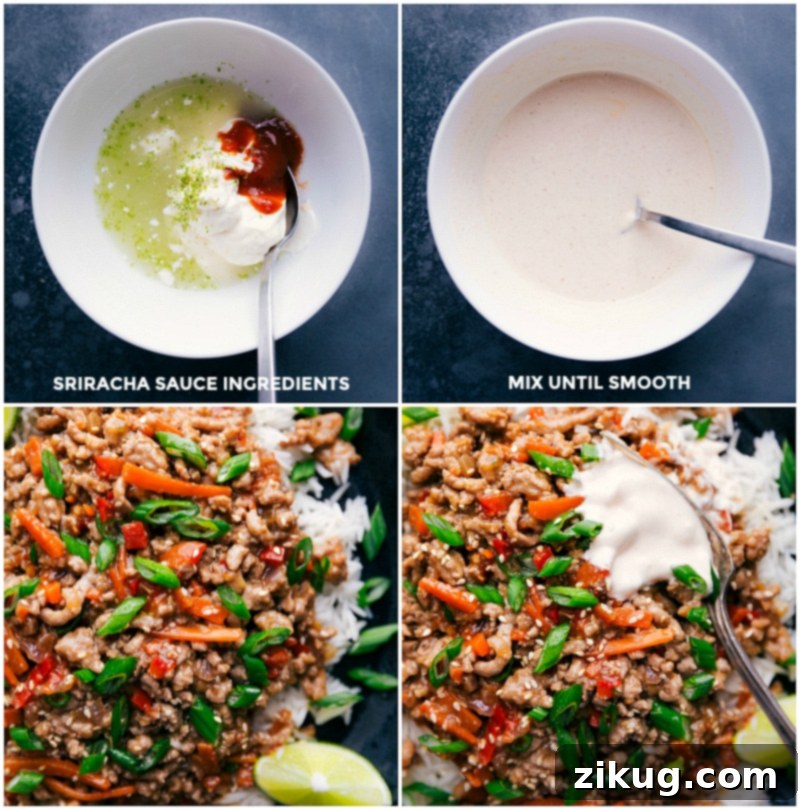 Asian Ground Turkey bowls are ridiculously flavorful and loaded with texture without loads of sugar! These nutritious bowls are packed with Mixing the ingredients for the Sriracha sauce in a small bowl; adding it to the Asian Ground Turkey bowls as a topping.