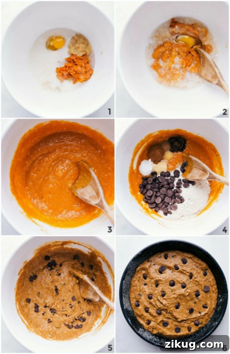 Creating Cake Batter: Mixing Wet and Dry Ingredients and Adding Batter to Tin A step-by-step image collage showing the process of mixing wet and dry ingredients, and then pouring the finished batter into a prepared cake tin for baking.