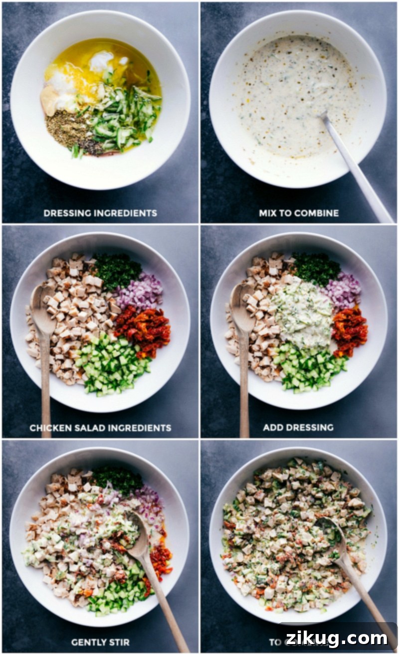 Visual guide showing how to combine the creamy dressing ingredients in one bowl and the fresh chicken salad components in another, then mixing everything together to prepare the Greek Chicken Wraps.