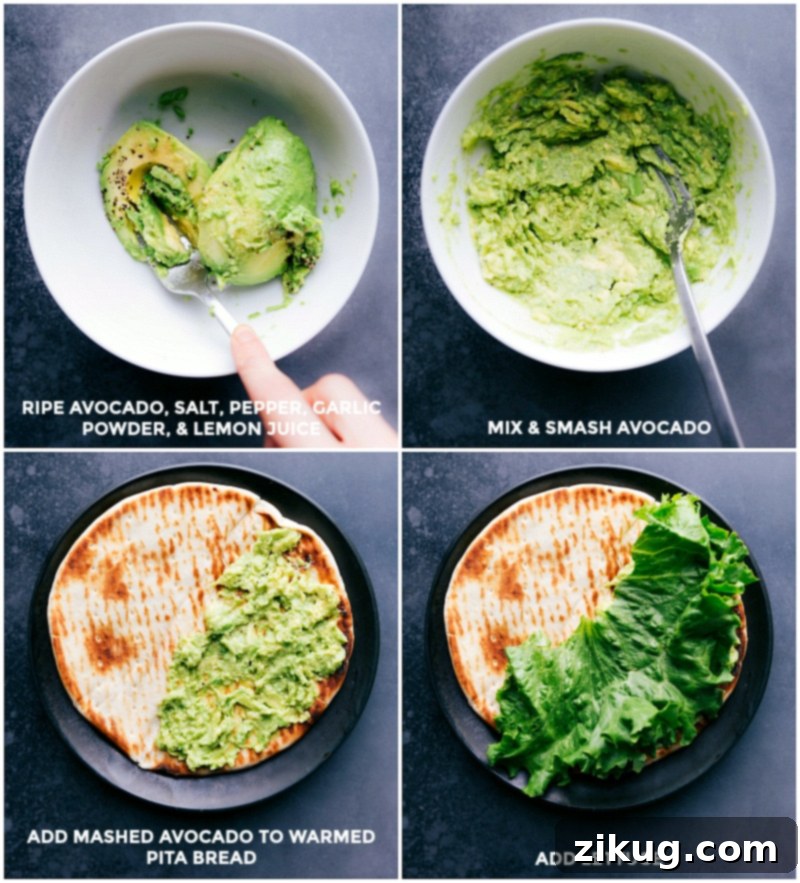 Preparing Greek chicken wraps by mashing avocado with salt, pepper, garlic powder, and lemon juice, then spreading it on pita bread and topping with fresh lettuce.