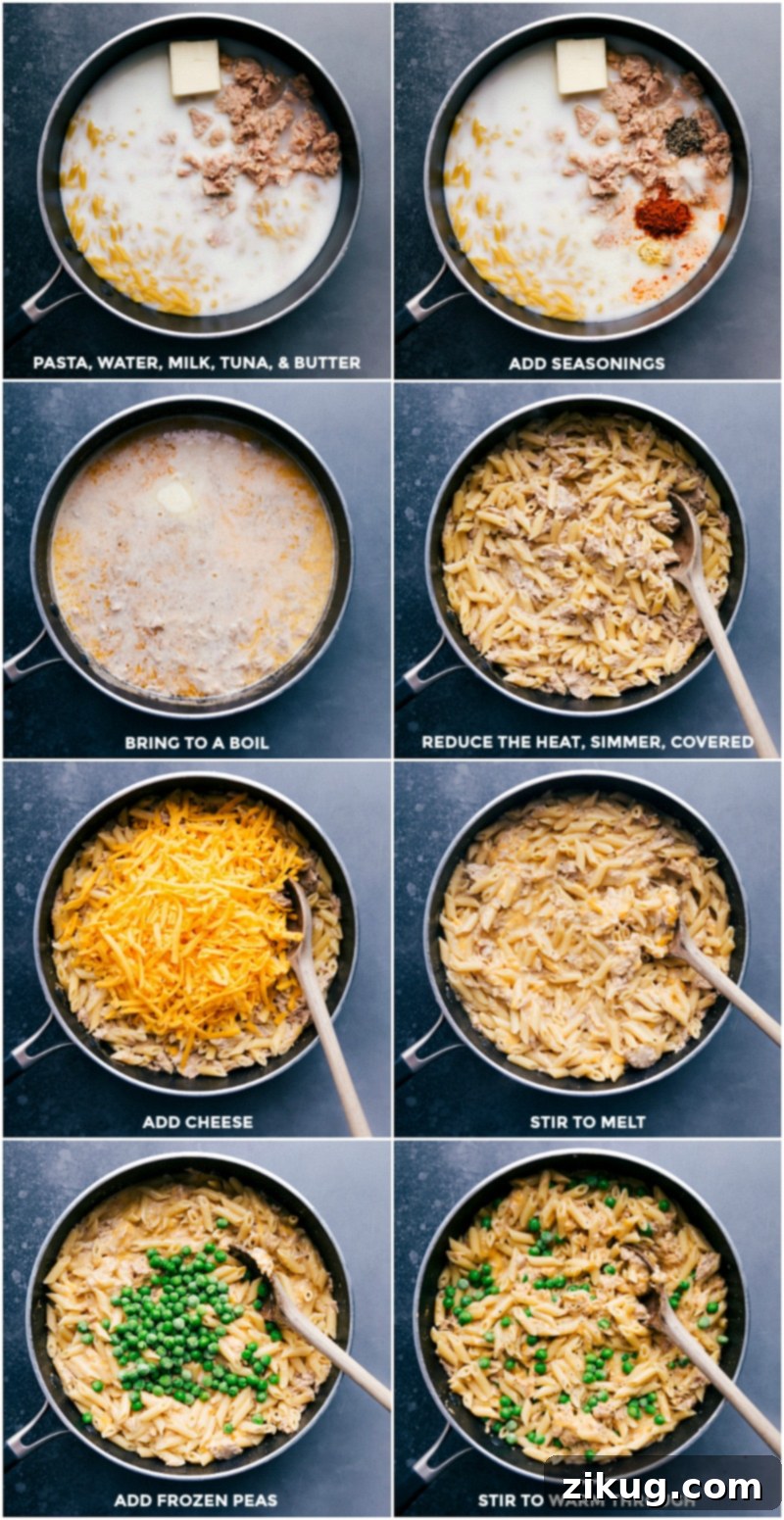 Making Tuna Pasta - Boiling Ingredients, Adding Cheese and Peas, Warming Through Close-up view of the tuna pasta making process, showing ingredients simmering in a skillet, then cheese and peas being added.