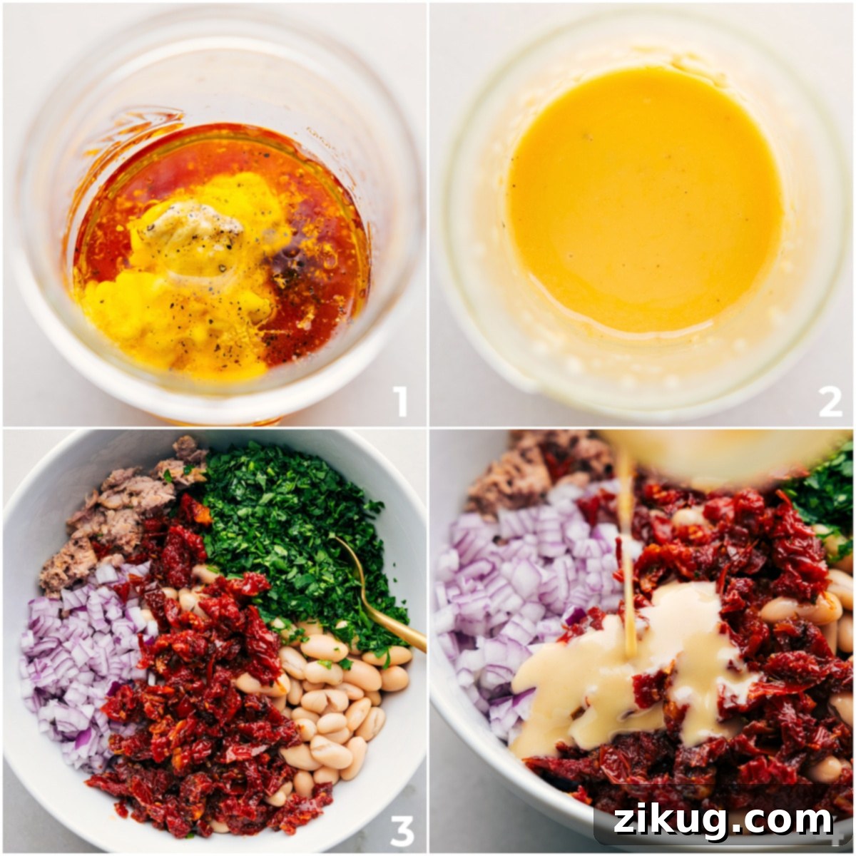 How To Make White Bean Tuna Salad The vibrant lemon-herb dressing being drizzled generously over the freshly prepared white bean tuna salad, showcasing the next step in assembling this delicious dish.