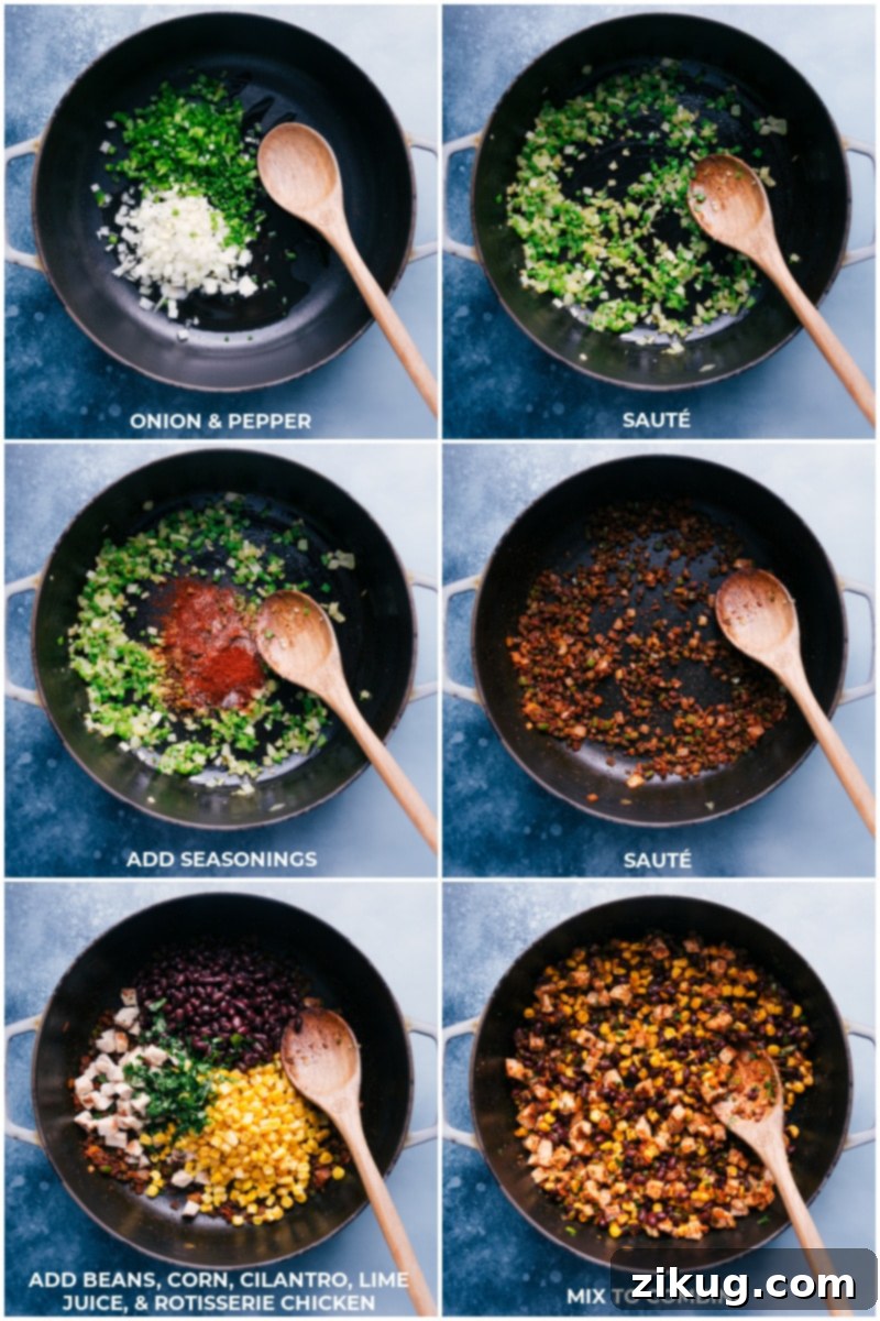 Flavor-packed Southwest Egg Rolls are healthier than most egg rolls because we make them in an air fryer! No air fryer? No worries, I'll share some other ideas to still get all the goodness these egg rolls provide. Recipe via ChelseasMessyApron.com #eggrolls #southwest #airfryer #veggies #chicken #nofrying #blackbeans Process shots: Sauté onions and peppers; add seasonings and continue cooking; add beans, corn, cilantro, lime juice and chicken; mix well to combine.