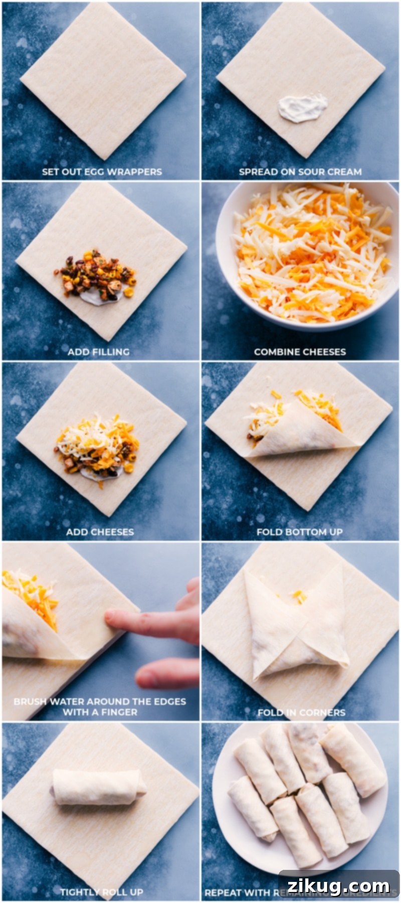 Flavor-packed Southwest Egg Rolls are healthier than most egg rolls because we make them in an air fryer! Recipe via ChelseasMessyApron.com #eggrolls #southwest #airfryer #veggies #chicken #nofrying #blackbeans Process shots: set out egg roll wrappers, spread on sour cream; add filling; combine and add cheeses; fold up bottom, brush water around edges; fold in corners; tightly roll and continue with the remaining wrappers.