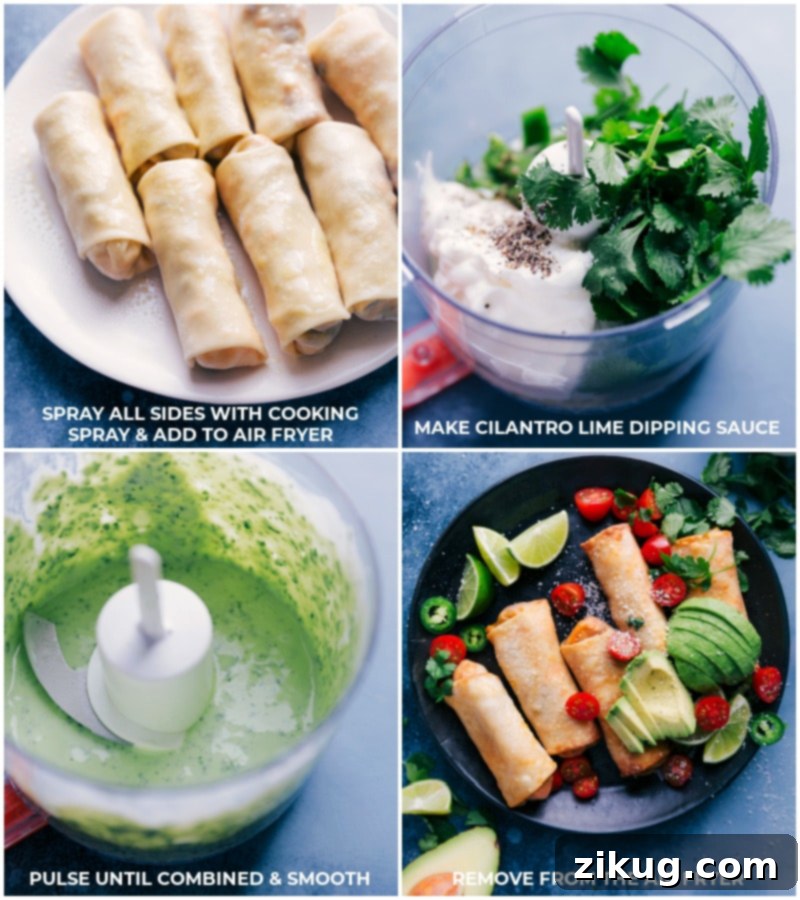 The best ever Southwest Egg Rolls are healthier than most egg rolls because we make them in an air fryer! No air fryer? No worries, I'll share some other ideas to still get all the goodness these egg rolls provide. Recipe via ChelseasMessyApron.com #eggrolls #southwest #airfryer #veggies #chicken #nofrying #blackbeans Process shots: spray all sides of the eggroll with cooking spray; make cilantro-lime dipping sauce; remove egg rolls from the air fryer and serve.