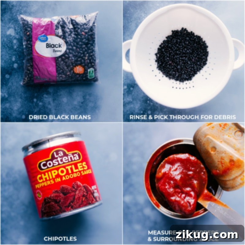 Prepare your ingredients for deeply savory and flavorful Homemade Black Beans. Recipe via Chelseasmessyapron.com Step-by-step preparation for Black Beans: showing rinsed dried beans in a strainer, and measured peppers and adobo sauce in small bowls.