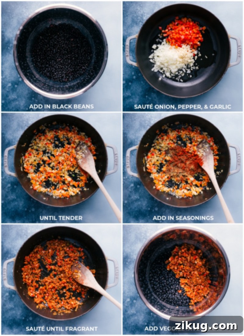 No soaking required for these simple homemade Black Beans! Follow these steps for tender, flavorful results. Recipe via Chelseasmessyapron.com Process shots showing how to cook Black Beans: Adding beans to the pot; sautéing diced onion, pepper, and garlic until tender; adding seasonings; and finally combining sautéed mixture with beans in the main pot.