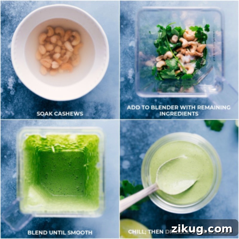 Making the creamy Cashew-Cilantro Sauce for Black Bean Bowls. Step-by-step process for making the Cashew-Cilantro Sauce: soaking cashews, blending with ingredients, chilling, and drizzling over bowls.