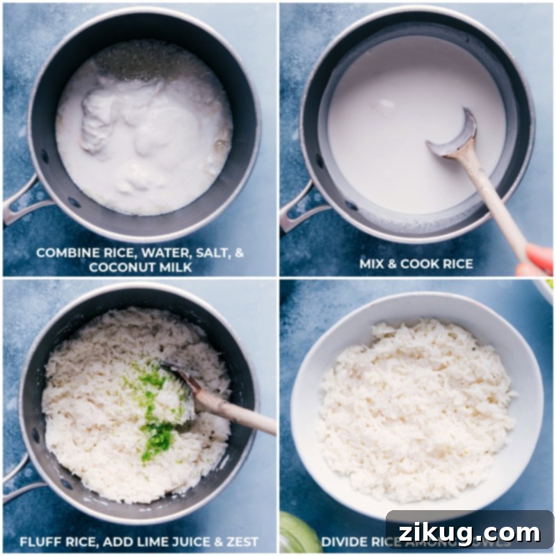 Preparing fluffy Coconut-Lime Rice, the perfect base for Black Bean Bowls. Process shots showing how to prepare Coconut-Lime Rice: combining ingredients, cooking, resting, fluffing, and adding lime zest and juice.