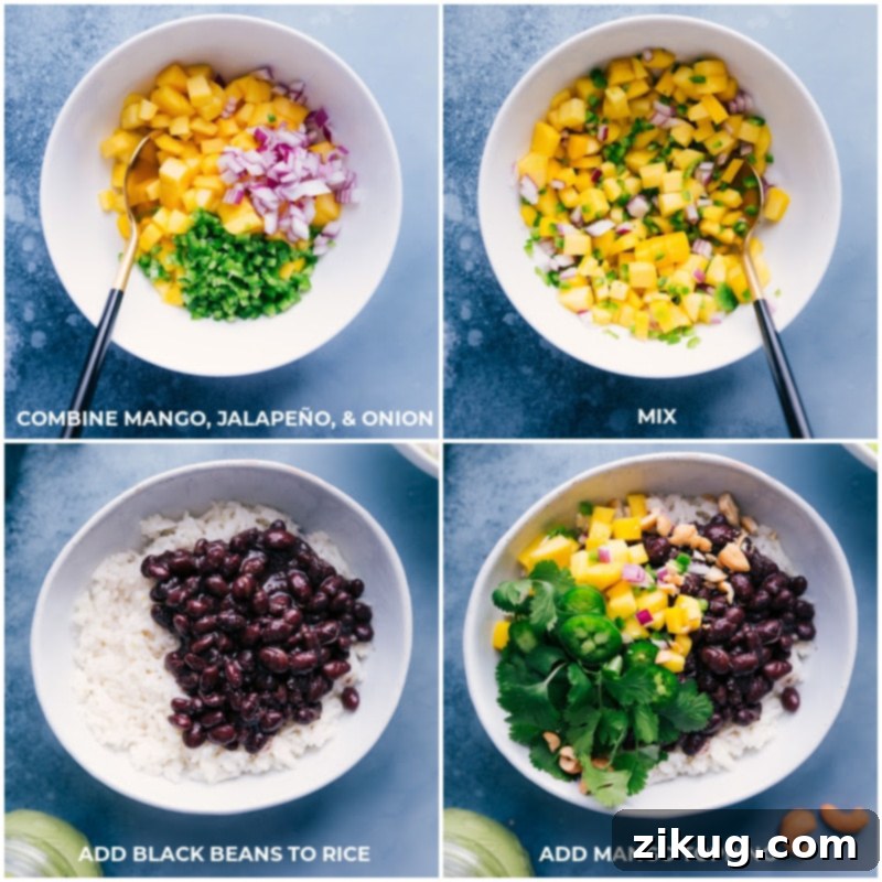 Crafting the fresh and zesty mango-jalapeño topping. Process shots for combining diced mango, jalapeño, and red onion to create the flavorful topping for Black Bean Bowls.