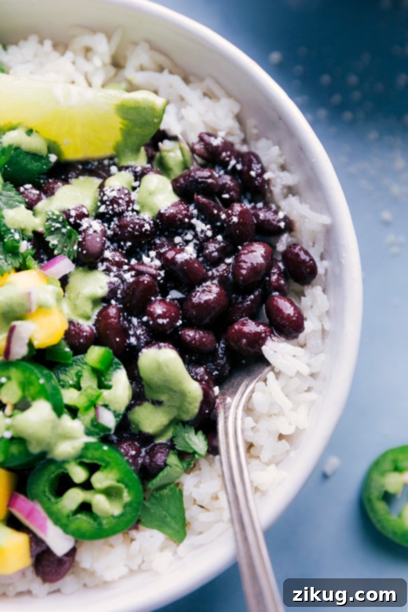 A beautifully plated, saucy Black Bean Bowl, an inviting vegetarian meal. Close-up view of a fully assembled Black Bean Bowl, ready to be eaten, showing off rich textures and vibrant colors.