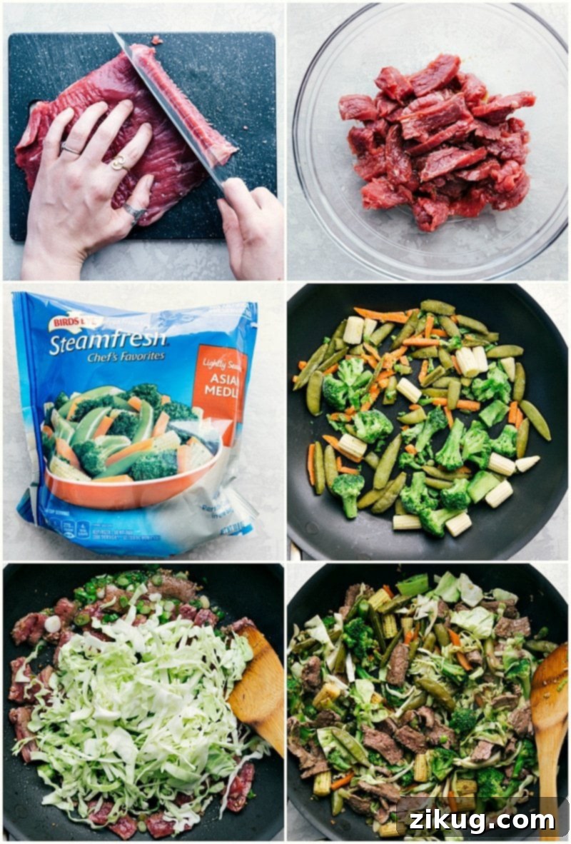 Classic Beef Chow Mein 3 Beef Chow Mein: flank steak thinly sliced; frozen veggies; cabbage; and beef added.
