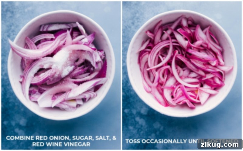 Process shots-- images of the red onion being pickled.