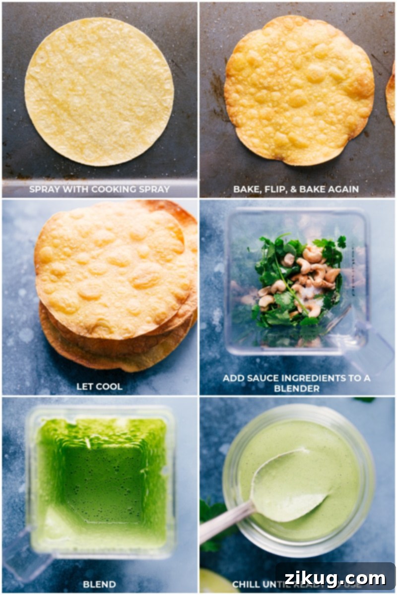 The Art of Tostada Creation: Baking Crispy Tortilla Shells and Blending the Creamy Cilantro-Cashew Sauce. Step-by-step process shots showing corn tortillas being baked on a sheet pan until crispy, followed by the blending of the cilantro-cashew sauce in a high-powered blender.