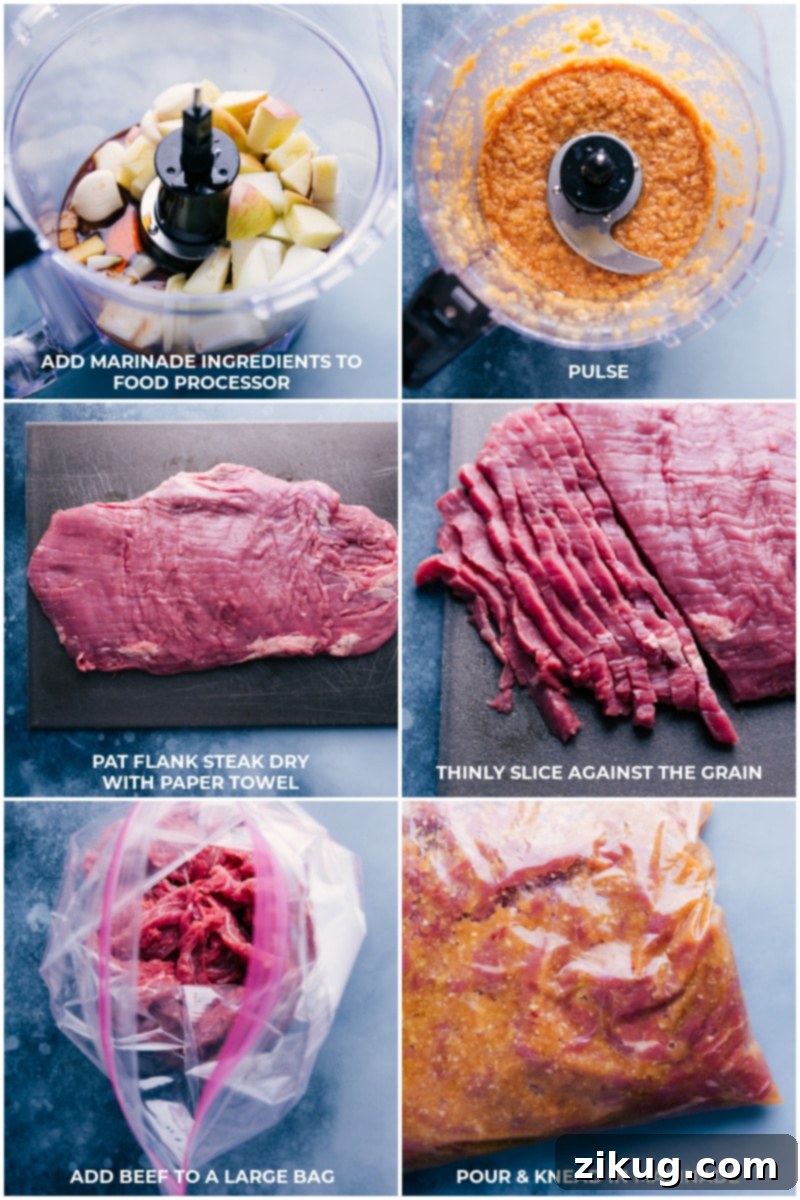 Korean Beef Tacos are a complete explosion of flavor! Recipe via ChelseasMessyApron.com #tacos #Koreanbeef # slaw #charredtortilla Process shots: make marinade in the food processor; pat flank steak dry, slice against the grain; add beef to plastic bag along with the marinade.