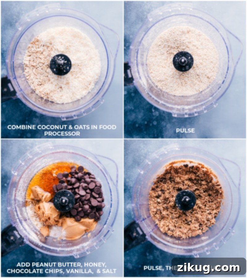 A visual guide showing the simple process of making Oatmeal Energy Balls: pulsing oats and coconut, adding other ingredients, blending, and finally rolling into perfect spheres.