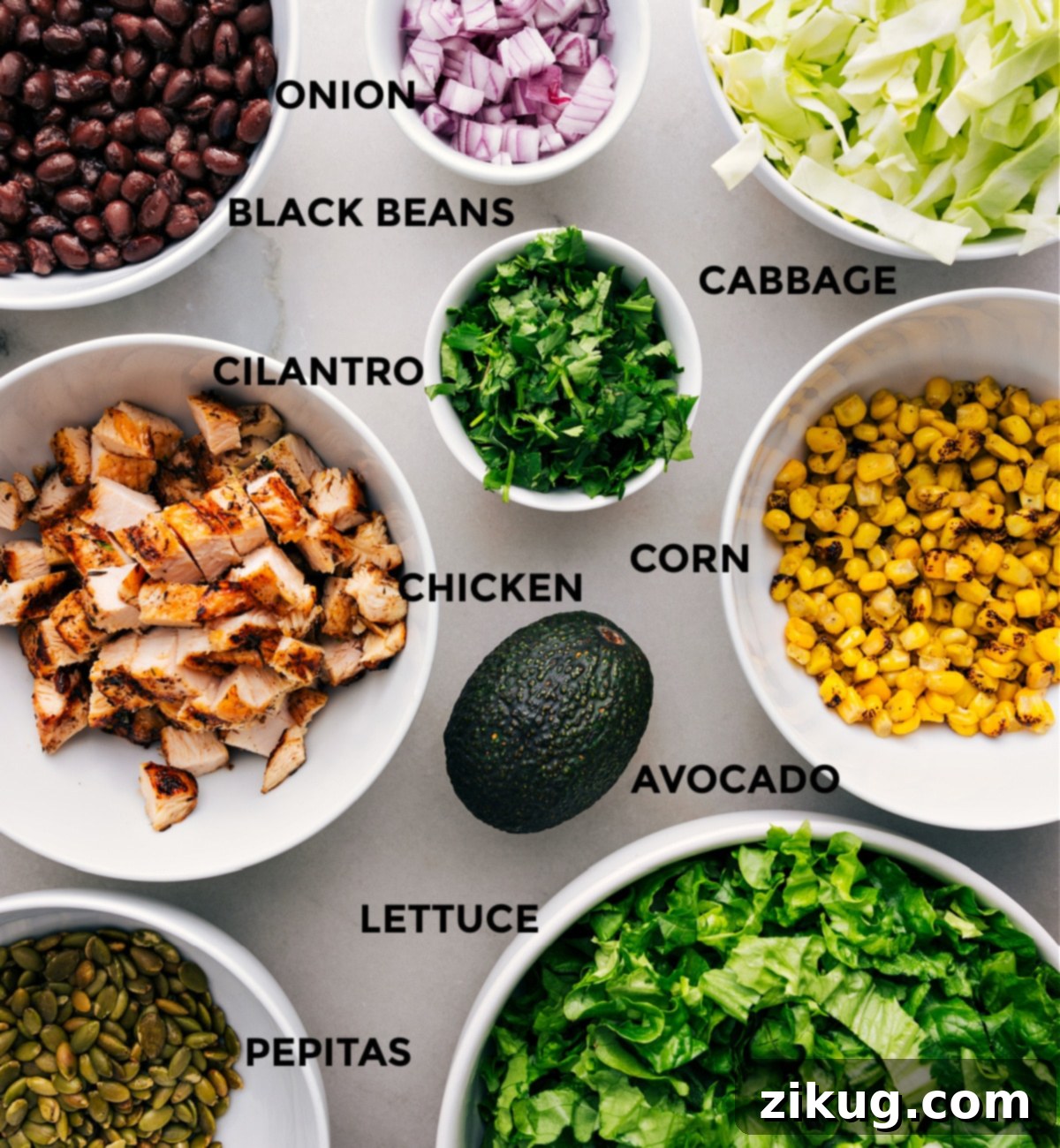 A selection of fresh ingredients including crisp lettuce, shredded cabbage, pumpkin seeds (pepitas), fresh corn, black beans, diced avocado, cooked chicken, vibrant cilantro, and finely diced red onion, all prepared and ready for salad assembly.