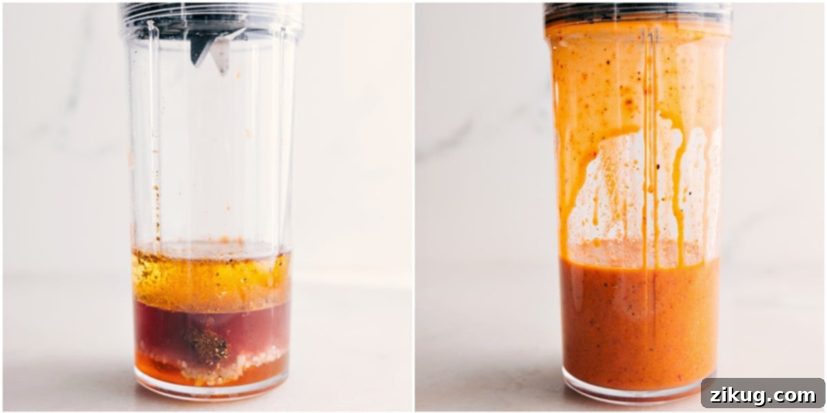 A visual comparison of chipotle-lime vinaigrette in a blender container, showing its consistency before and after being thoroughly blended to a smooth, creamy texture.