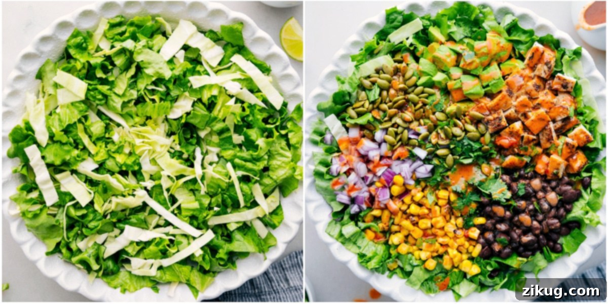 A large bowl of vibrant Chipotle Chicken Salad, artfully drizzled with a rich sweet chipotle-lime vinaigrette, and ready to be tossed and served for a fresh, flavorful meal.
