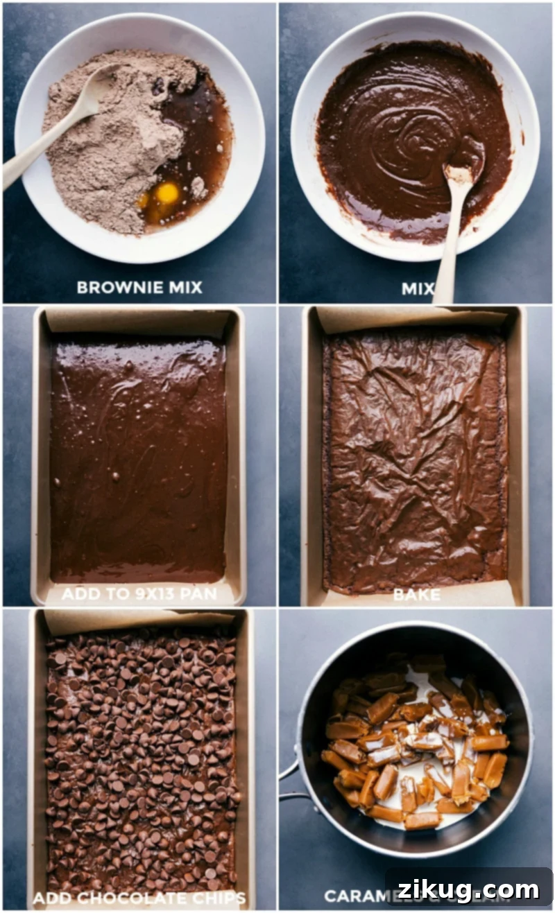 Process of preparing Brownie Cookie Bars: brownie batter baked, chocolate chips sprinkled, and caramels melting with cream in a saucepan.