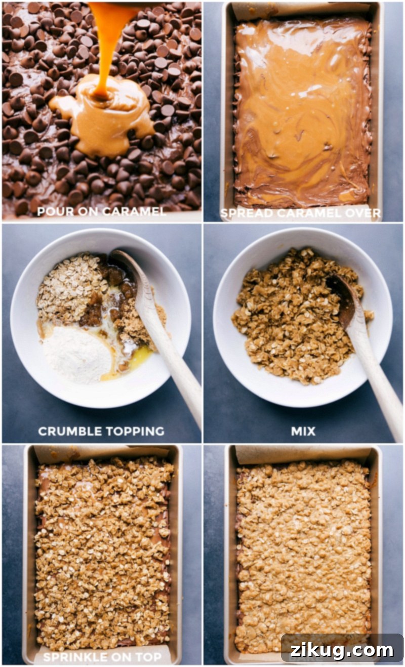 Step-by-step layering of Brownie Cookie Bars: caramel poured, oatmeal crumble mixed, and topping sprinkled before final baking.