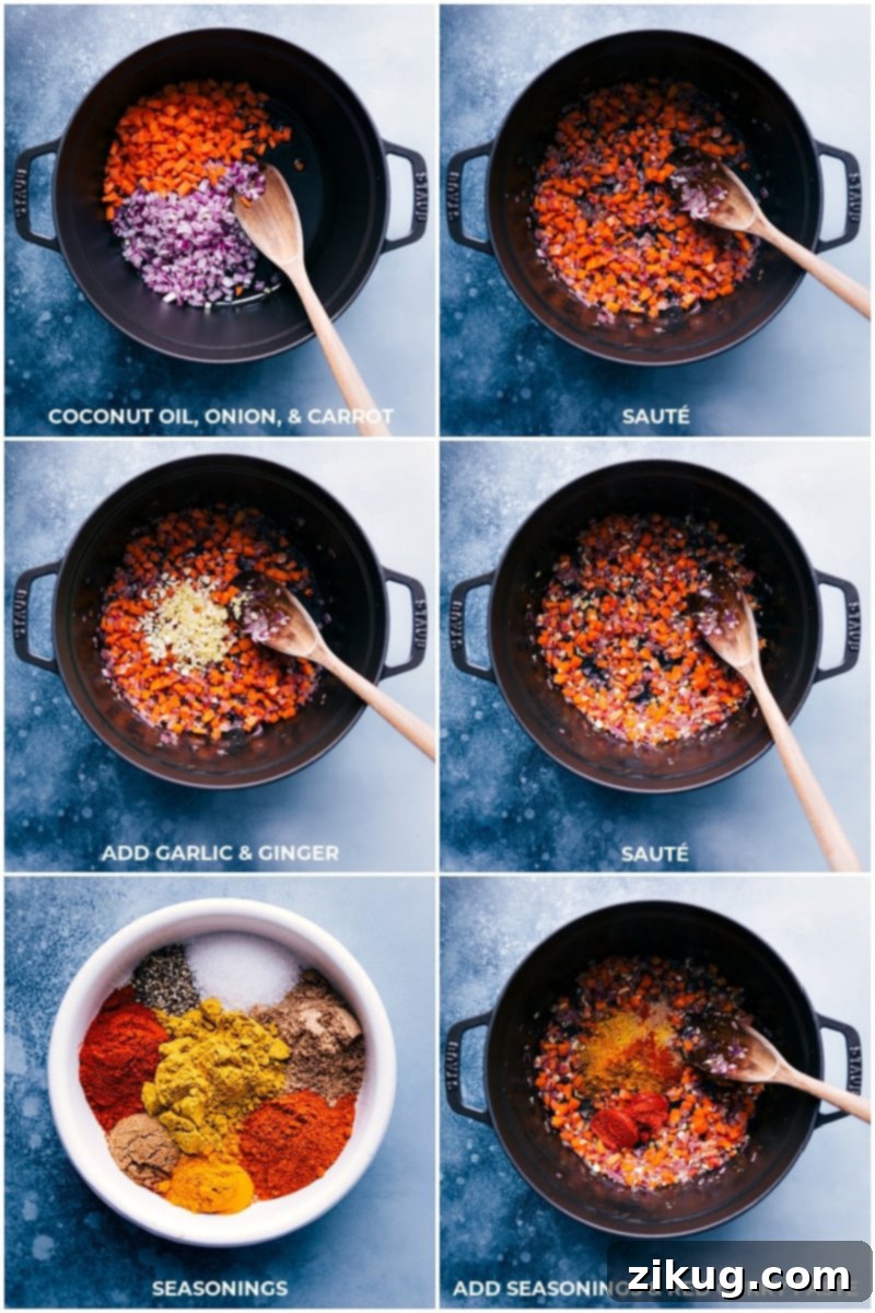 Crafting the perfect Chickpea Curry begins with building layers of flavor. Sautéing onions and carrots in coconut oil, then infusing the mixture with fresh garlic, ginger, and a vibrant array of spices creates a deeply aromatic base for this plant-based, gluten-free, and vegan weeknight meal. Recipe via ChelseasMessyApron.com #chickpeas #curry #garbanzo #coconut #raita #vegan #vegetarian #naan The crucial initial stages of preparing Chickpea Curry: Sautéing fragrant coconut oil, diced onions, and carrots until tender; subsequently incorporating pungent garlic and fresh ginger; and finally, adding a robust blend of aromatic spices to bloom the flavors.
