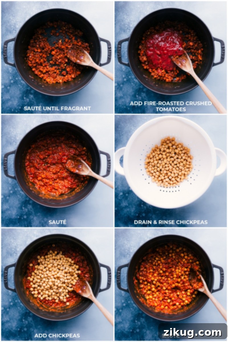 Achieving the perfect Chickpea Curry involves careful layering of ingredients. After sautéing the aromatics and spices, add crushed fire-roasted tomatoes and tender chickpeas, allowing them to meld their flavors before the creamy coconut milk transforms it into a rich, plant-based, naturally gluten-free, and vegan masterpiece. Recipe via ChelseasMessyApron.com #chickpeas #curry #garbanzo #coconut #raita #vegan #vegetarian #naan The heart of Chickpea Curry preparation: Sautéing the fragrant spice blend and tender vegetables; integrating flavorful fire-roasted tomatoes and continuing to cook to deepen flavors; finally, rinsing and draining chickpeas before adding them to the pan to absorb the rich sauce.