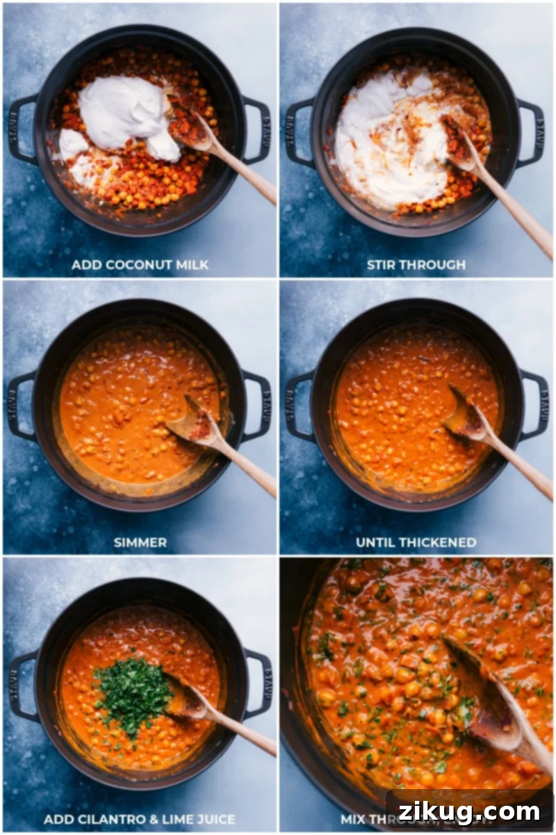 The grand finale of this flavor-packed Chickpea Curry: A rich, creamy coconut sauce simmers with aromatic spiced vegetables and tender chickpeas, culminating in a naturally gluten-free and vegan weeknight meal. A final touch of fresh cilantro and lime brightens every spoonful. Recipe via ChelseasMessyApron.com #chickpeas #curry #garbanzo #coconut #raita #vegan #vegetarian #naan The culmination of Chickpea Curry preparation: Gently adding creamy coconut milk to the pan, stirring until perfectly combined, and simmering until the curry achieves a rich, thickened consistency; the final touches include stirring in vibrant fresh cilantro and zesty lime juice for a burst of freshness, followed by a final mix before serving hot.