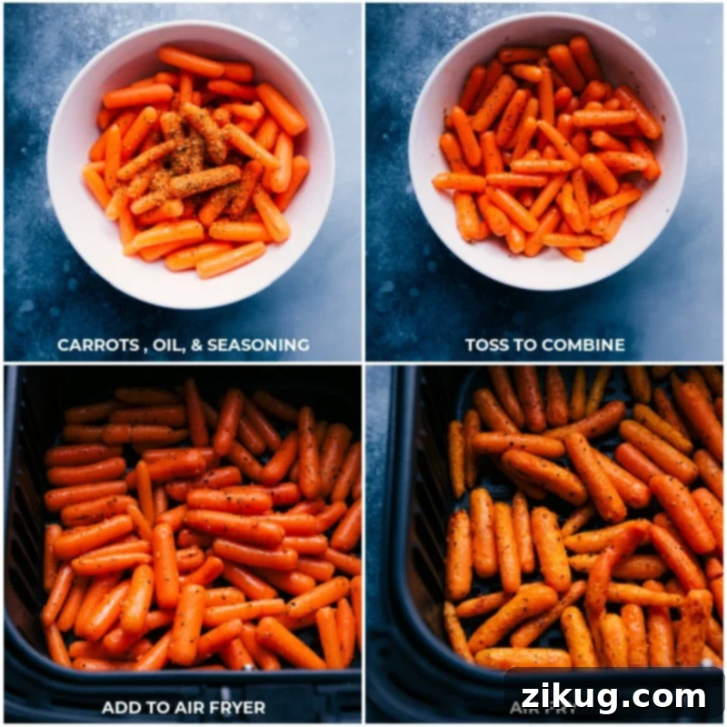 Preparing carrots for air frying: tossing with olive oil and a savory herb blend before cooking to achieve a perfectly tender and slightly caramelized texture, complementing the chicken sausage and broccoli. Recipe by ChelseasMessyApron.com #airfryercooking #carrots #roastedvegetables #healthycooking #mealprep Process shots: Combining carrots with oil and seasoning, adding them to the air fryer, and cooking them until tender-crisp.