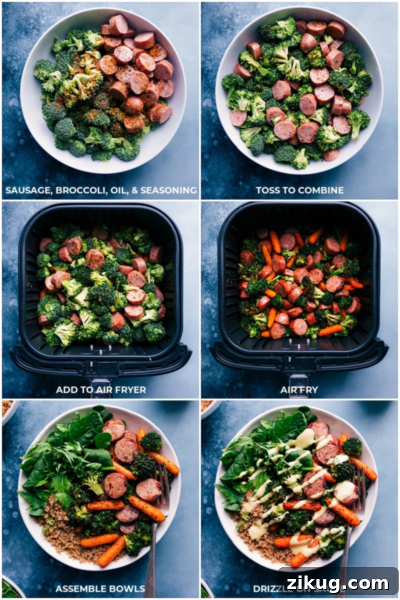 The ultimate quick and healthy dinner: air-fried chicken sausage, carrots, and broccoli seasoned with herbs, served over a nourishing bed of quinoa and mixed greens, all generously drizzled with a delicious homemade honey mustard sauce. Recipe by ChelseasMessyApron.com #airfryerrecipe #healthydinner #chickenandveggies #quinoabowls #easyrecipes Combining chicken sausage, broccoli, oil, and seasonings before air frying. Then dividing the cooked mixture among bowls and drizzling with honey mustard sauce.