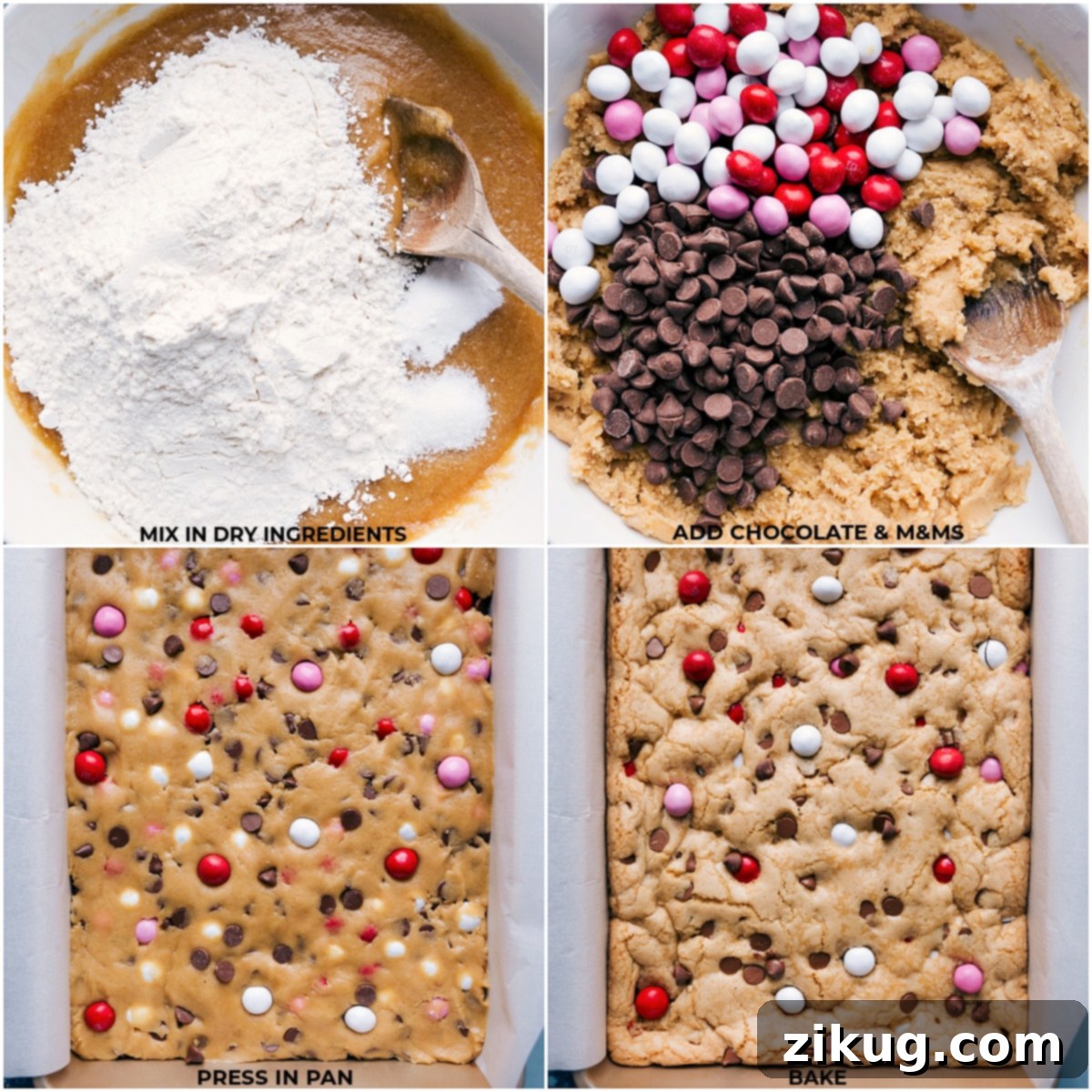 Valentine M&Ms being added to the cookie bars before baking, demonstrating how customizable these M&M cookie bars are for any occasion.
