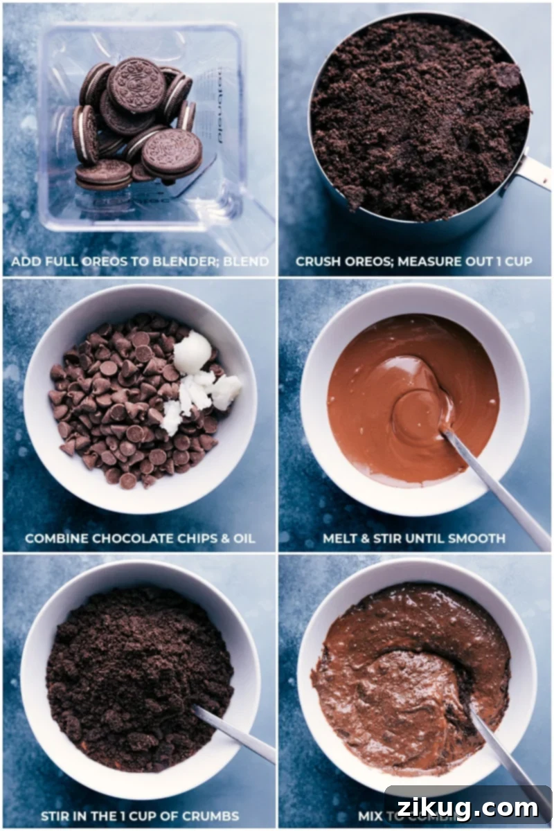 Process images showing Oreos being crushed into fine crumbs, dark chocolate chips melting in a glass bowl, and Oreo crumbs being mixed into the melted chocolate.