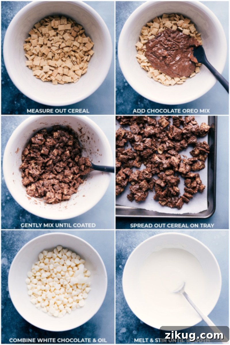 Process images showing Chex cereal being coated with chocolate and white chocolate being melted in a bowl.