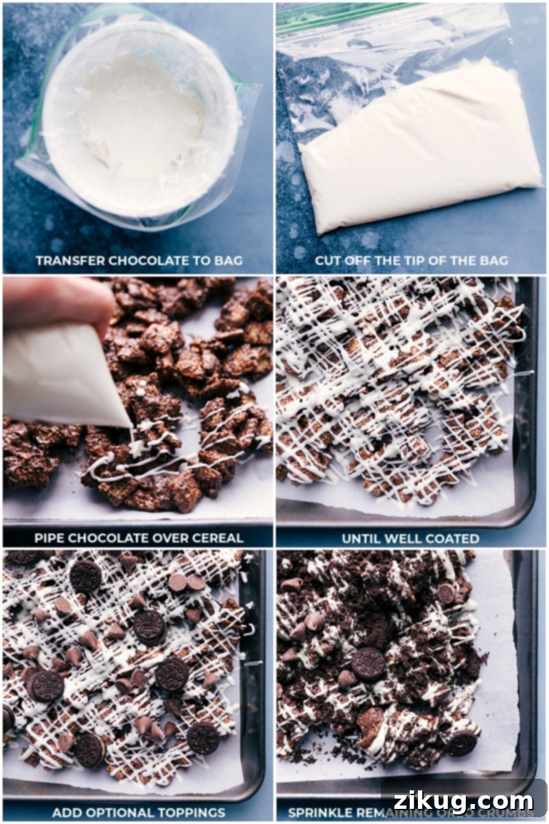 Process images showing melted white chocolate being drizzled over Cookies and Cream Muddy Buddies and additional toppings like mini Oreos and chocolate chips being added.