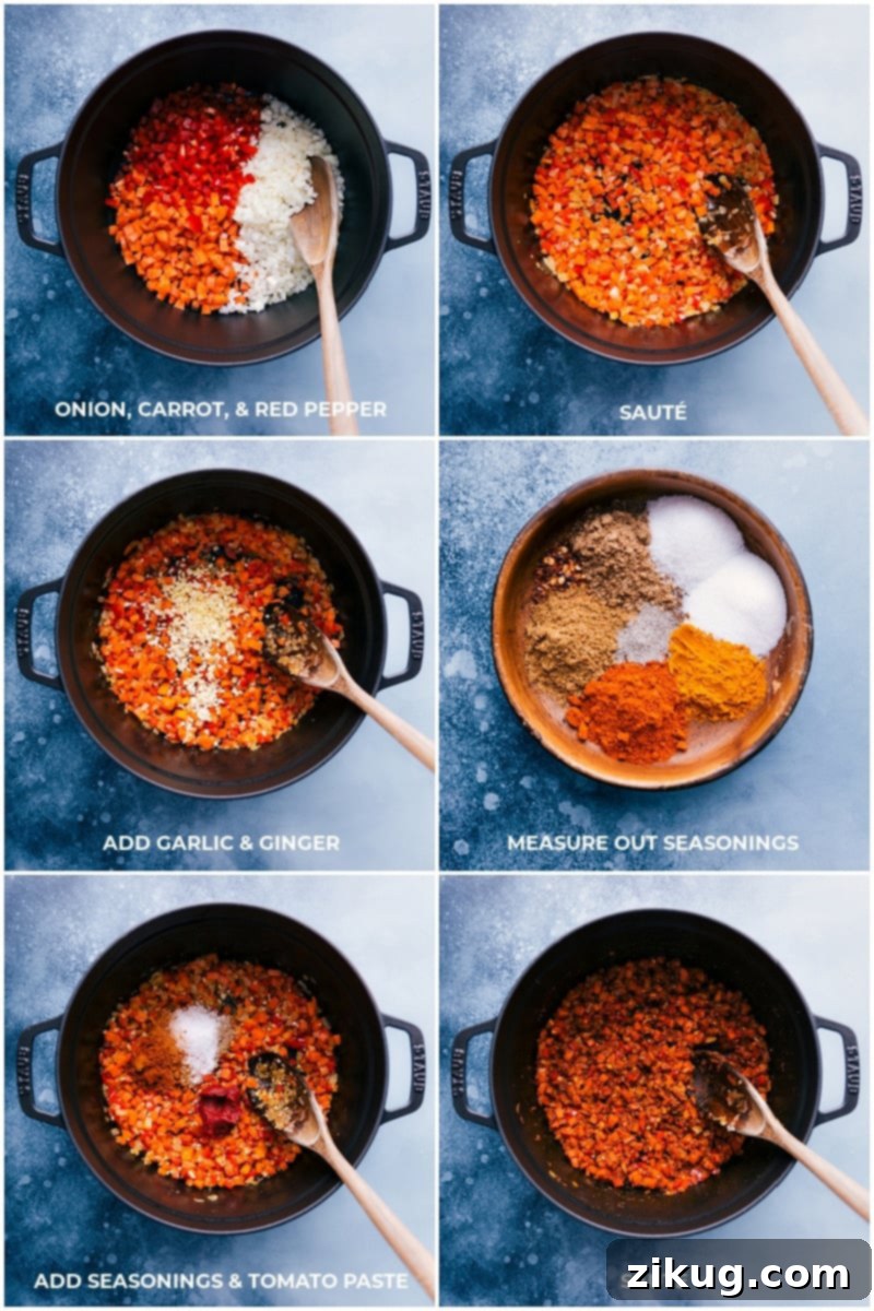 The Best Homemade Vegetarian Tikka Masala A step-by-step visual of preparing Vegetarian Tikka Masala, showing fresh vegetables being sautéed in a pot, followed by the addition of aromatic spices and rich tomato paste.