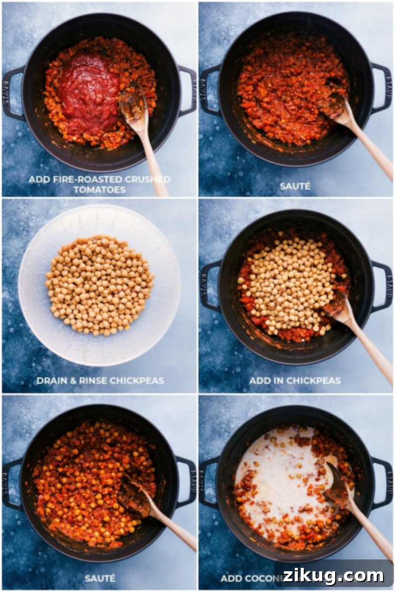Easy Step-by-Step Vegetarian Tikka Masala The process of adding crushed tomatoes, chickpeas, and creamy coconut milk to the sautéed vegetables and spices, then gently mixing them to create the base of the Vegetarian Tikka Masala sauce.