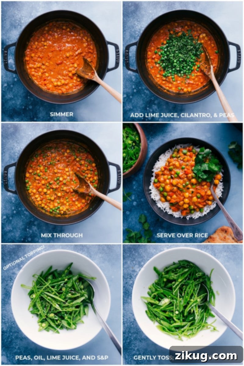 Delicious and Creamy Vegetarian Tikka Masala Ready to Serve The final stages of making Vegetarian Tikka Masala, showing the dish simmering to thicken, then fresh lime juice, cilantro, and peas being stirred in, and finally, the complete meal served over rice with snap peas.