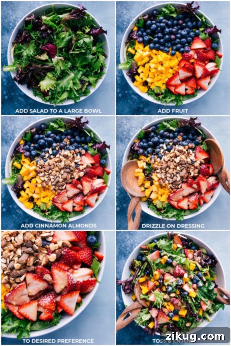 The final steps to deliciousness: assemble your fresh Mango Salad, drizzle with the irresistible cinnamon-yogurt dressing, and toss for a perfect blend of flavors. Process shots: assembling the Mango Salad by adding spring mix, fruit, and cinnamon almonds to a large bowl, then drizzling with the cinnamon-yogurt dressing before tossing and enjoying.