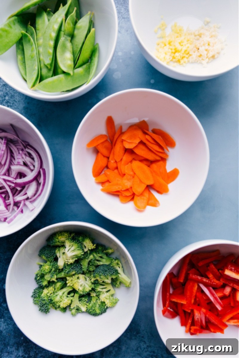Ingredient shots-- images of all the fresh veggies chopped and prepped to be cooked.
